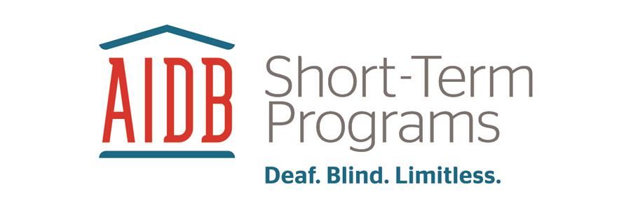 AIDB Alabama Institute for Deaf and Blind Logo. Short-Term Programs. Deaf. Blind. Limitless